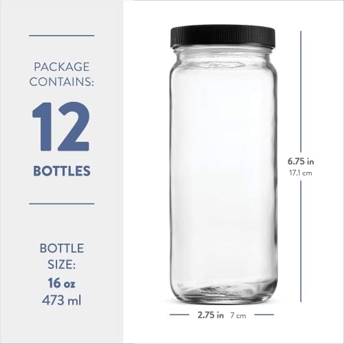 Патување Стакло Шише За Пиење Мејсон Тегла 16 Унца [12-Пакет] Пластични Херметички Капаци, Стаклено Шише За Вода За Еднократна