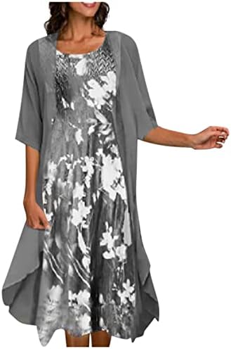 Фустани за жени 2023 лабава фит лажичка шифон шифон цветни печати миди фустан коктел 2 парчиња фустани за јакна сет