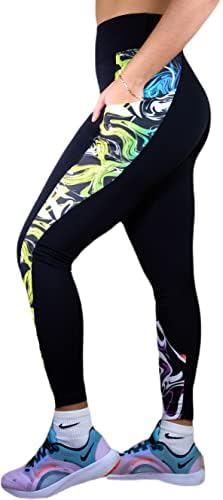 Womenените јога панталони странични џебови со високи половини кои не се гледаат преку тренингот на тренингот со туѓи хеланки со цвеќиња, неонски и пеперутки