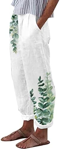 Женски постелнини исечени панталони, цветни печатени широки нозе Троуерс со џебови со високи половини летни летни шипки панталони