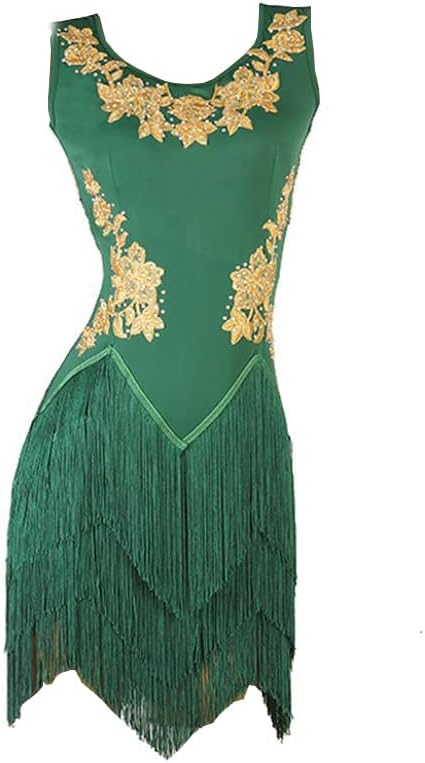 Зелен латински фустан од Лиухуо, жолто извезено везено рабно здолниште на натпреварот без ракави