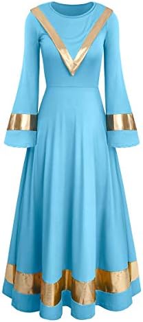 Женски металик шал -капаче за фаќање на танцување фустан во боја блок bellвонче, долг ракав литургиски танцувачки облеки за