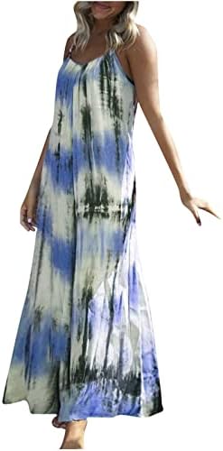 Женски плус големина обични макси фустани летна вратоврска боја против вратот шпагети лента фустан без ракави плажа долга сандеса