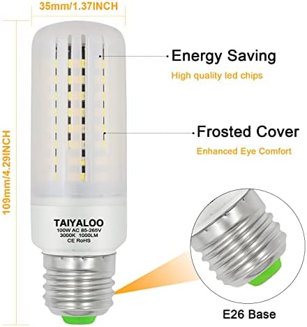 TAIYALOO E26 LED Сијалица Од Пченка A19 100w Еквивалент 1000 Lumen 6000K Дневна Светлина Бела 10w E26 База Не-затемнувачки Тавански