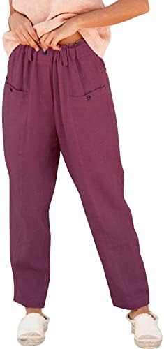 Conteенски обични панталони памучни постелнина, рамна предна удобност права нога јога палацо тенок фит фустани панталони за