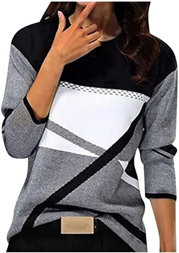 Обични маички со маици жени жени мода обичен геометриски блок во боја, печати со долги ракави врвни врвови на долги врвови