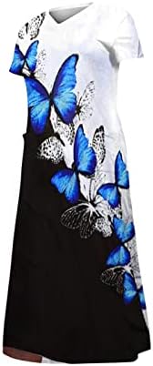 Dyguyth Краток ракав фустан за жени, модни маички фустани елегантно печатење лабава плус големина летен миди фустан со џеб