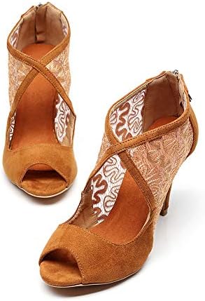 Aoqunfs женски пип пети танго салса салса чипка со висока пета латински танцувачки чевли вечерни чизми на глуждот, модел L530