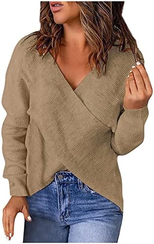 Женски џемпери случајна цврста боја V-вратот лабава плетена џемпер со ребрести екипаж џемперки