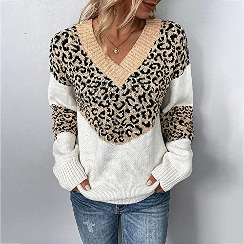 Џемпери за пулвер за печатење на леопард за жени против вратот со долг ракав моден случајн блок во боја, плетени скокач врвови