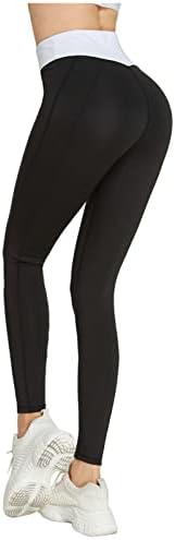 Црни панталони од пламен жени со високи половини на половината со џебови, контрола на стомакот што не се гледа преку тренингот