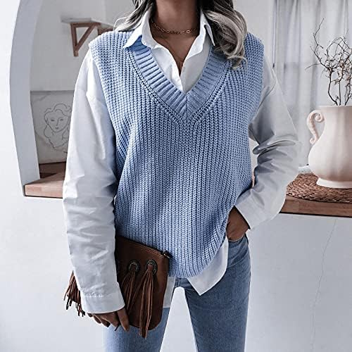 Џемпер од фрагер за жени 2022 година, колеџ во стилот на колеџ, лесен плетен елек моден женски џемпер со врат со врат