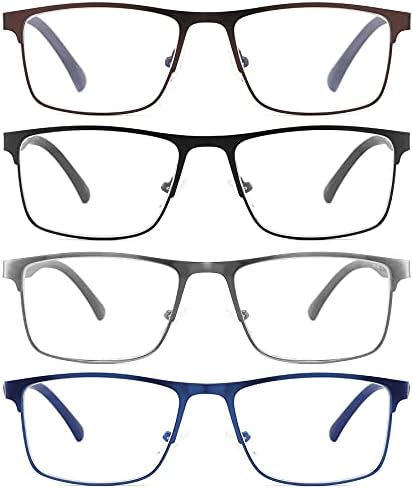 4-пакувани сини светло блокирачки очила за читање за мажи Стилски читатели на метални рамки со удобност пролетни шарки анти-сјај